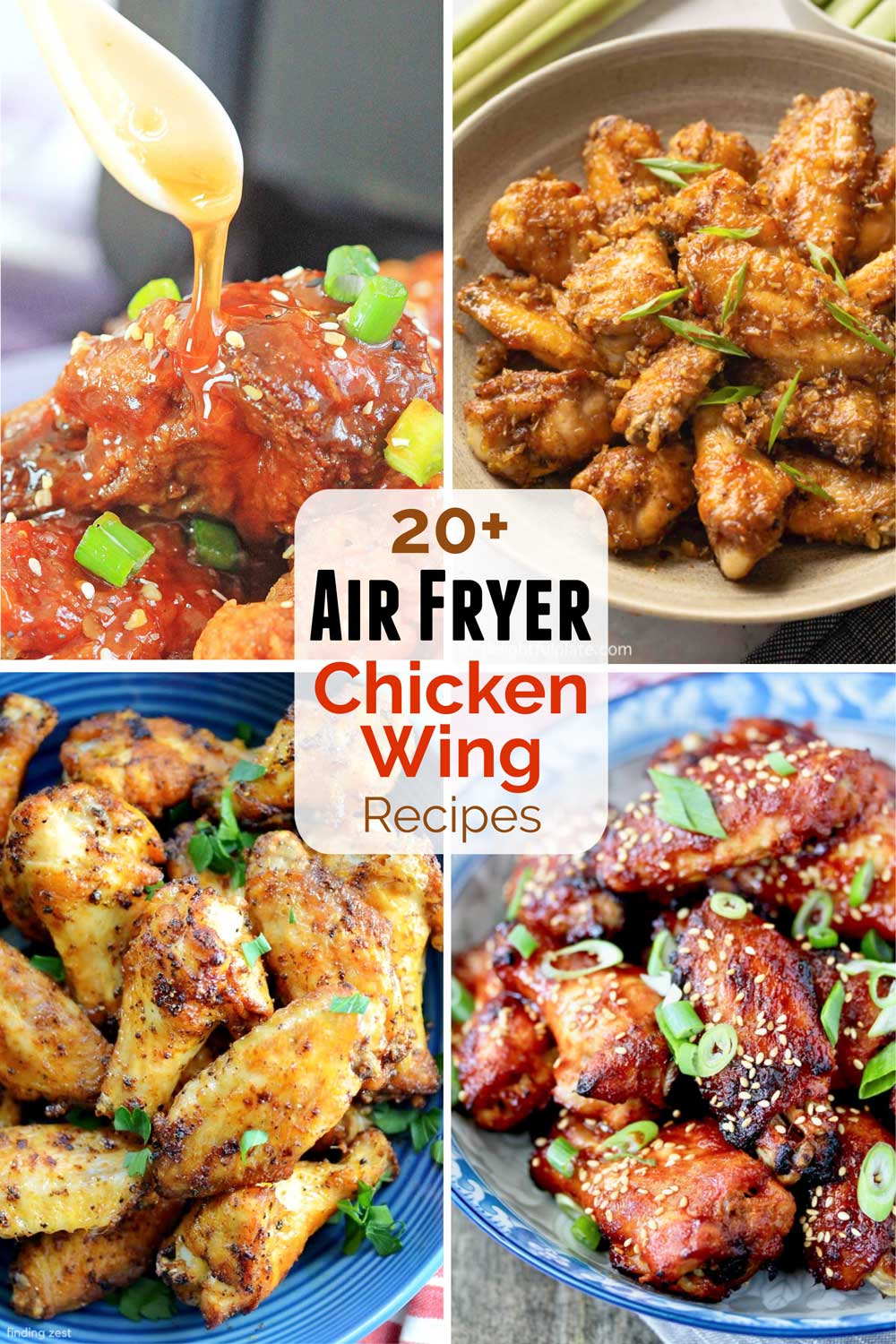 Collage of 4 of the air fryer chicken wings recipes included in this post, with text overlay of the title.