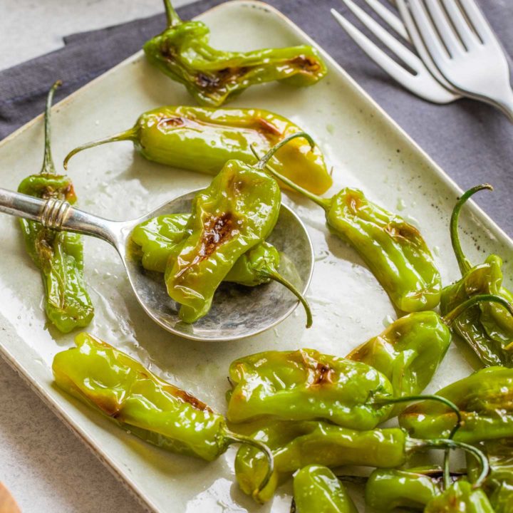 Closeup of two blistered peppers on serving spoon.