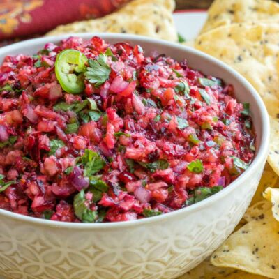 Closeup of salsa in bowl surrounded by chips, so you can really see the texture of cranberry bits with flecks of jalapeno and cilantro.