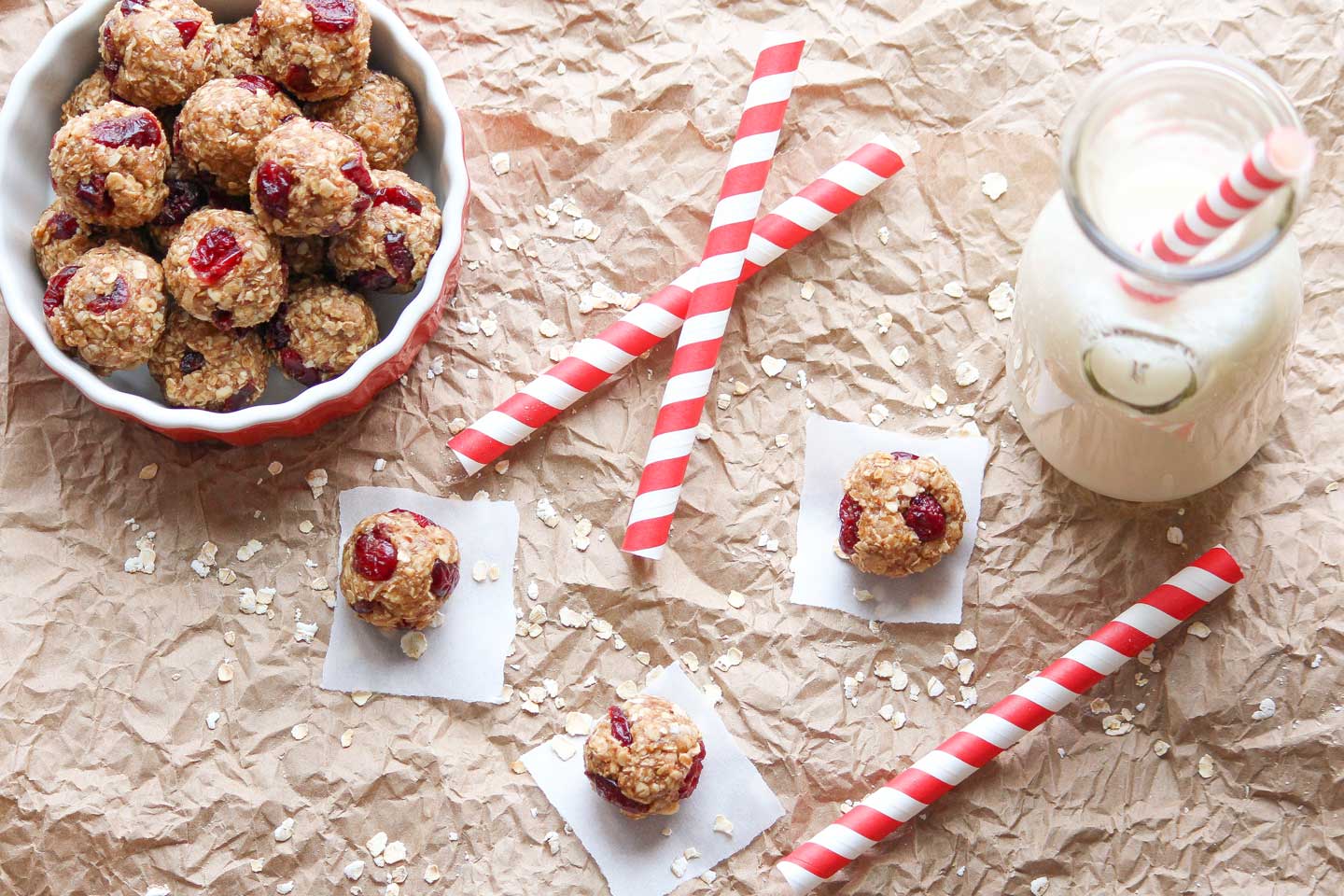 Overhead of 3 peanut butter balls on white paper squares, with milk in an old-fashioned bottle and a bowl of extra balls.