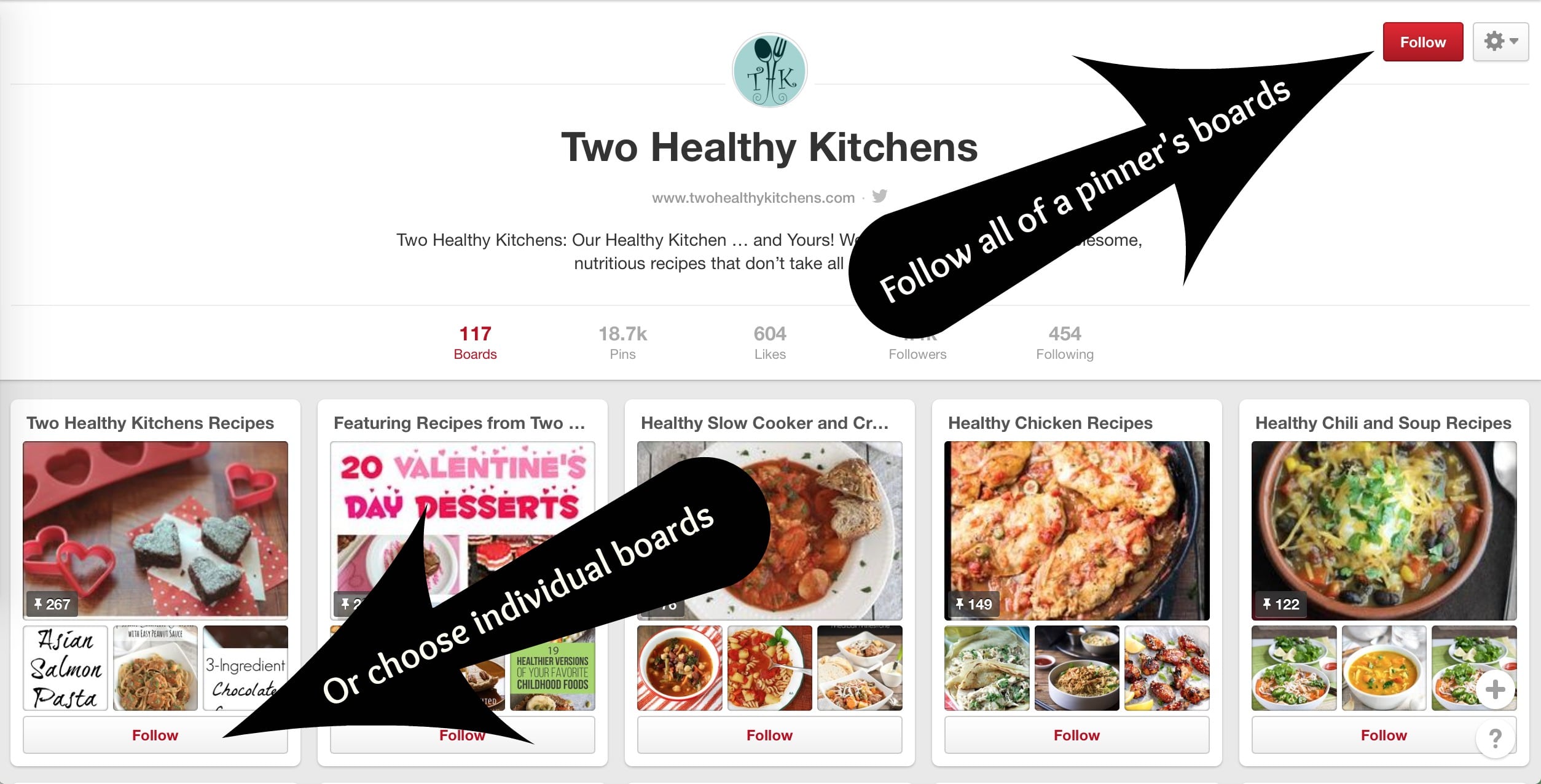 Screenshot with arrows showing how to follow all of a pinner's boards or just individual boards.