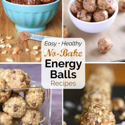 Pinnable collage of four recipe photos with text overlay reading "Easy • Healthy No-Bake Energy Balls Recipes".