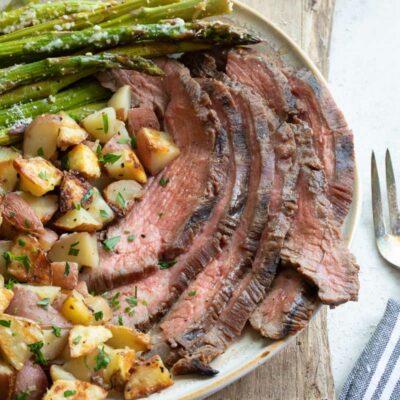 Dinner plate with steak, potatoes and asparagus.