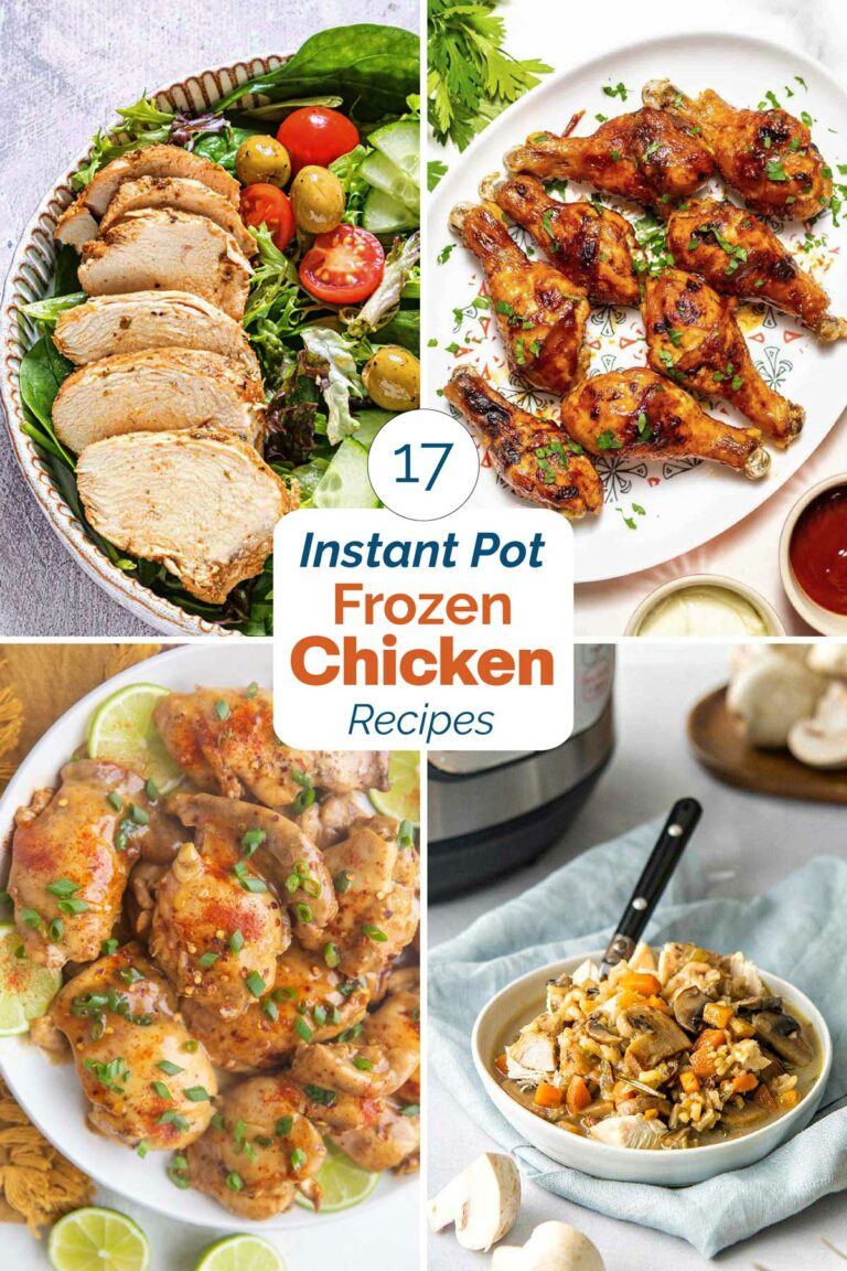 Collage of 4 recipe photos with orange and dark blue text overlay "17 Instant Pot Frozen Chicken Recipes".