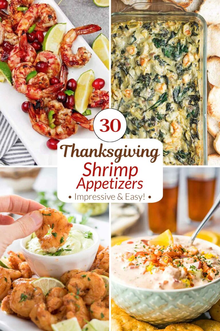 Hero collage with four recipe photos and text overlay "30 Thanksgiving Shrimp Appetizers • Impressive & Easy! •".