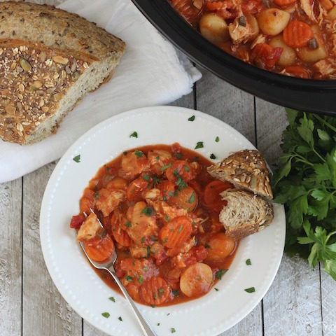 Creamy Crock Pot Chicken Stew with Potatoes, Carrots and Tomatoes