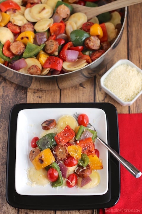 Lightning-Fast Cheesy Three-Pepper Ravioli with Italian Sausage Recipe {www.TwoHealthyKitchens.com}