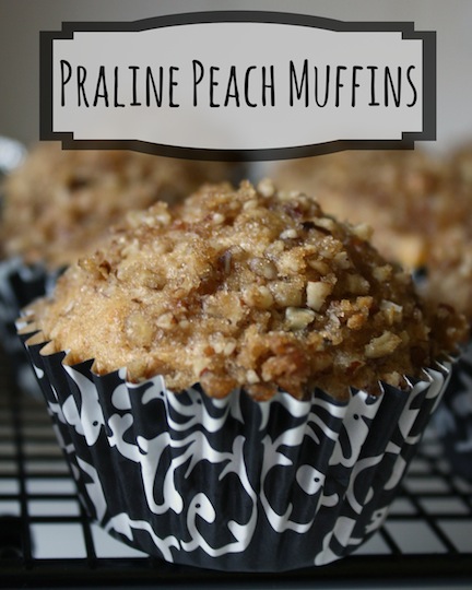 closeup of one muffins in a black-and-white swirled muffin paper, with text overlay of the recipe name