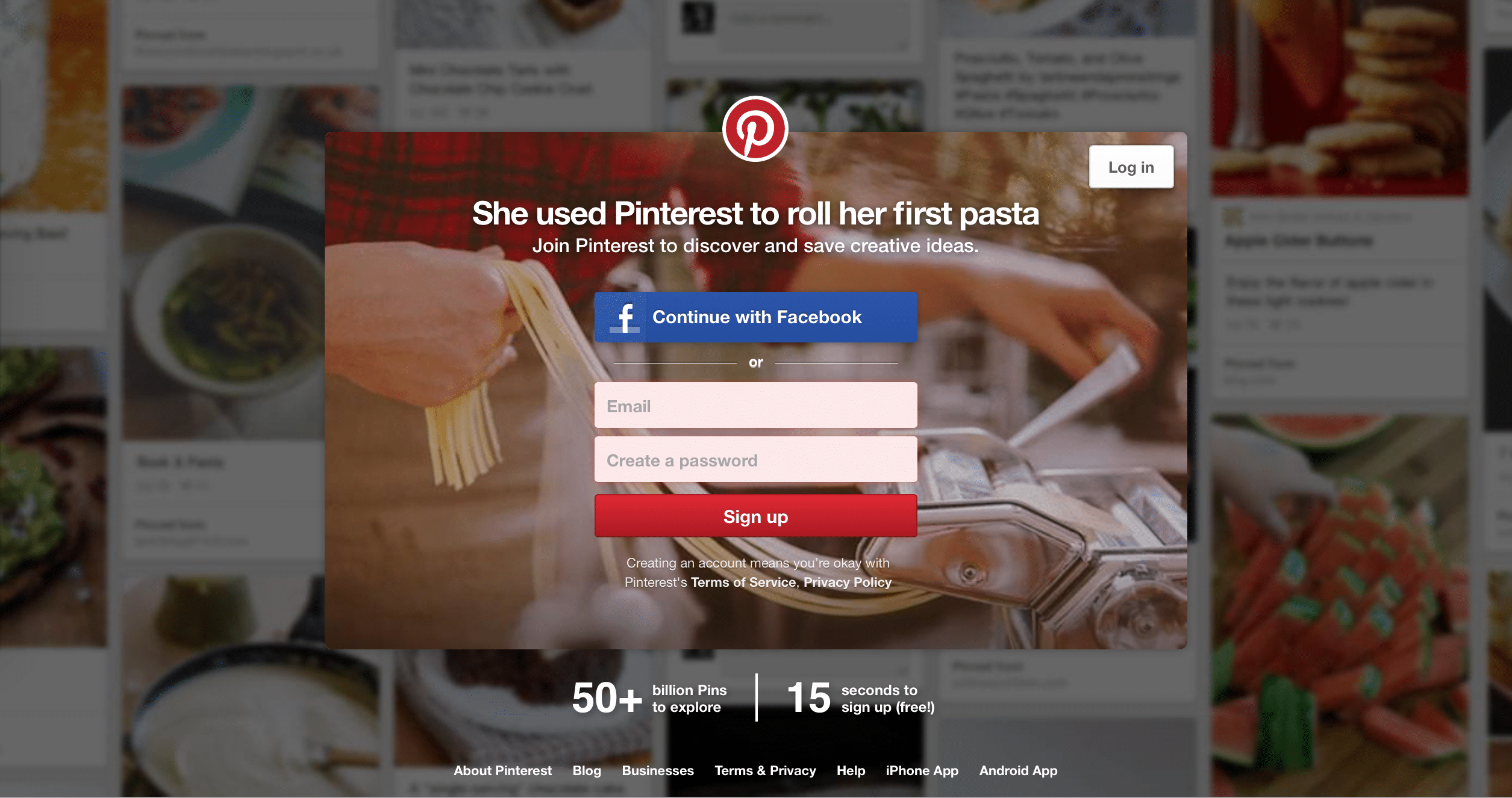 Screen shot of Pinterest login page.